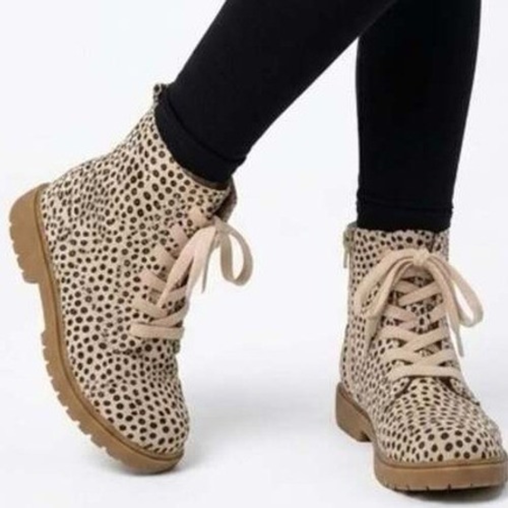 Animal Print Combat Boots 3M‎ Tan Leopard Print Side Zip Lug Sole Trendy Boho